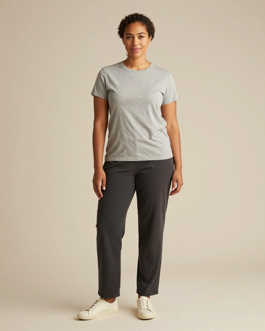 Sample A in the neutral reference outfit, front view. Curated sample image.