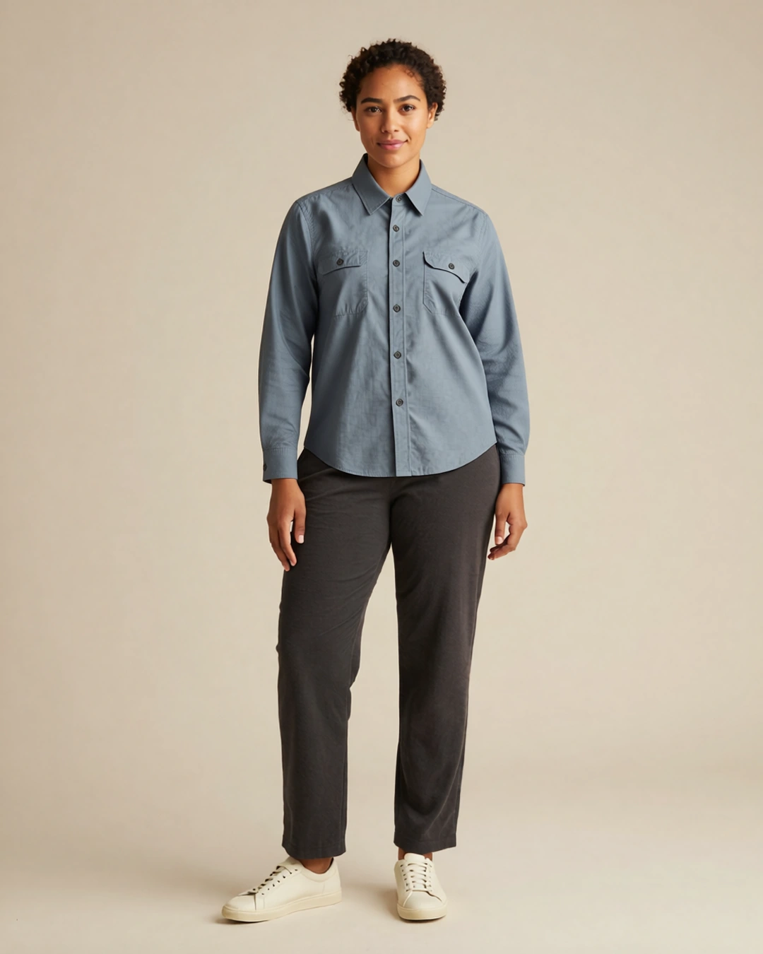 Sample A wearing the slate overshirt, front view. Curated sample image, not a personalized result.